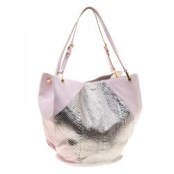 Pre Owned Tod's Pink/Silver Leather and Python Medium Horse Secchiello Tote