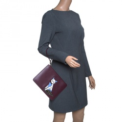 Pre Owned Tod's Burgundy Leather Fox Applique Wristlet Clutch