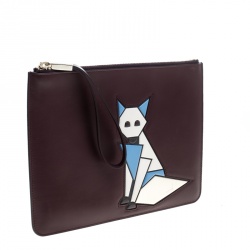 Pre Owned Tod's Burgundy Leather Fox Applique Wristlet Clutch