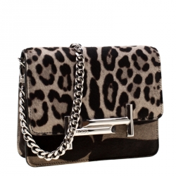 Pre Owned Tod's Brown/Beige Leopard Print Calf Hair Double T Chain Crossbody Bag