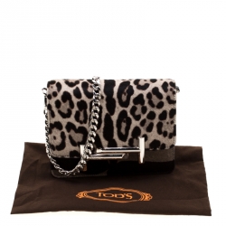 Pre Owned Tod's Brown/Beige Leopard Print Calf Hair Double T Chain Crossbody Bag