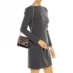 Pre Owned Tod's Brown/Beige Leopard Print Calf Hair Double T Chain Crossbody Bag