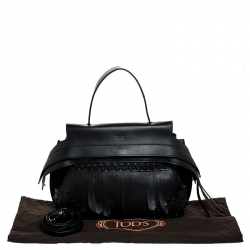 Pre Owned Tod's Black Fringed Leather Medium Wave Tote