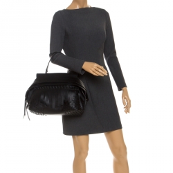 Pre Owned Tod's Black Fringed Leather Medium Wave Tote