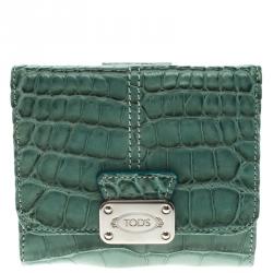 Tod's Baby Blue Alligator Embossed Leather Compact Wallet