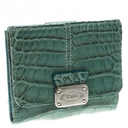 Tod's Baby Blue Alligator Embossed Leather Compact Wallet