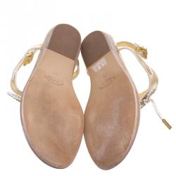 مملوكة مسبقًا صندل تودز فلات بإصبع جلد ميتالك ذهبي مقاس 38