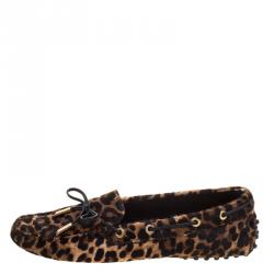 Pre Owned Tod's Brown Leopard Print Calf Hair Bow Loafers Size 38.5