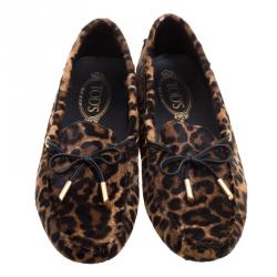 Pre Owned Tod's Brown Leopard Print Calf Hair Bow Loafers Size 38.5