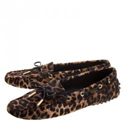 Pre Owned Tod's Brown Leopard Print Calf Hair Bow Loafers Size 38.5