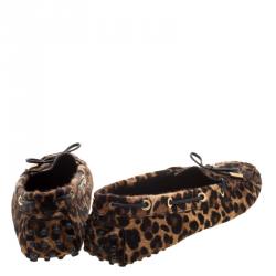 Pre Owned Tod's Brown Leopard Print Calf Hair Bow Loafers Size 38.5