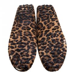 Pre Owned Tod's Brown Leopard Print Calf Hair Bow Loafers Size 38.5
