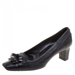 Pre Owned Tod's Black Leather Square Toe Fringe Loafer Pumps Size 37