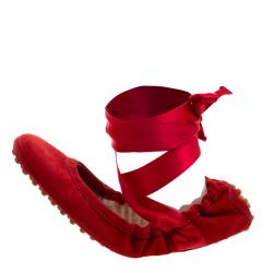 Tod's Cherry Red Suede Ankle Wrap Scrunch Ballet Flats Size 36.5