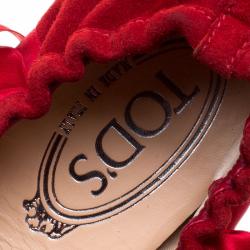 Pre Owned Tod's Cherry Red Suede Ankle Wrap Scrunch Ballet Flats Size 36.5