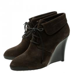 مملوكة مسبقًا Tod's Dark Brown Leather Wedge Ankle Booties Size 38