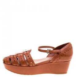 Pre Owned Tod's Brown Cutout Leather Ankle Strap Wedge Sandals Size 39