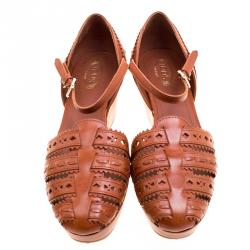 Pre Owned Tod's Brown Cutout Leather Ankle Strap Wedge Sandals Size 39