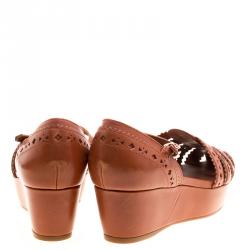 Pre Owned Tod's Brown Cutout Leather Ankle Strap Wedge Sandals Size 39