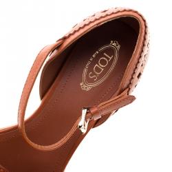 Pre Owned Tod's Brown Cutout Leather Ankle Strap Wedge Sandals Size 39