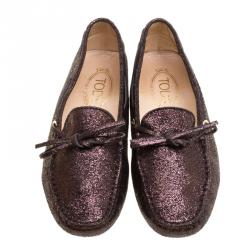 Pre Owned Tod's Metallic Bronze Embossed Suede Bow Loafers Size 37