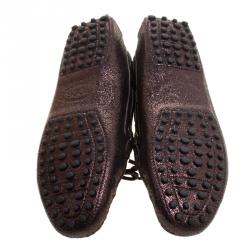 Pre Owned Tod's Metallic Bronze Embossed Suede Bow Loafers Size 37