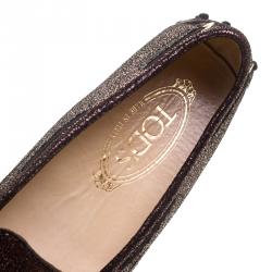 Pre Owned Tod's Metallic Bronze Embossed Suede Bow Loafers Size 37