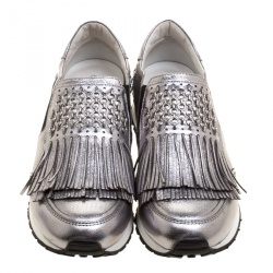 Pre Owned Tod's Silver Leather Fringe Slip On Sneakers Size 38