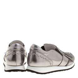Pre Owned Tod's Silver Leather Fringe Slip On Sneakers Size 38