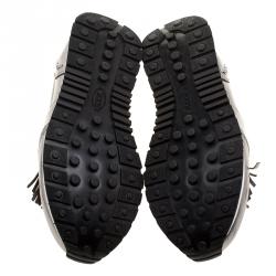 Pre Owned Tod's Silver Leather Fringe Slip On Sneakers Size 38