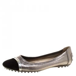 Pre Owned Tod's Silver/Black Leather and Suede Cap Toe Ballet Flats Size 38.5