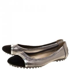 Pre Owned Tod's Silver/Black Leather and Suede Cap Toe Ballet Flats Size 38.5