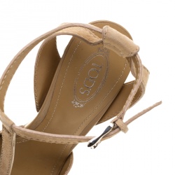 Pre Owned Tod's Beige Suede T-Strap Peep Toe Platform Sandals Size 35