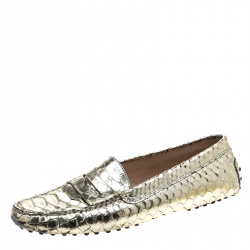 Tod's Metallic Gold Python Leather Penny Loafers Size 40.5