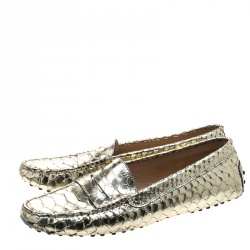 Tod's Metallic Gold Python Leather Penny Loafers Size 40.5