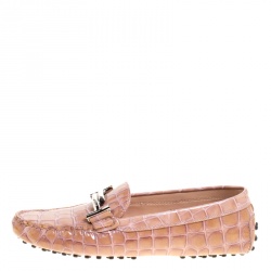 Pre Owned Tod's Pale Pink Croc Embossed Patent Leather Gommino Double T Buckle Driver Loafers Size 37.5