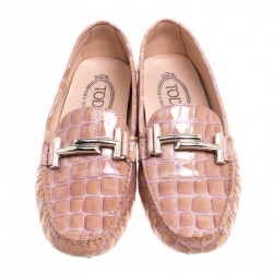 Pre Owned Tod's Pale Pink Croc Embossed Patent Leather Gommino Double T Buckle Driver Loafers Size 37.5