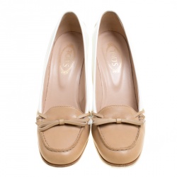 Pre Owned Tod's Two Tone Leather Bow Loafer Pumps Size 36.5