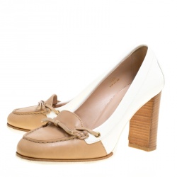 Pre Owned Tod's Two Tone Leather Bow Loafer Pumps Size 36.5