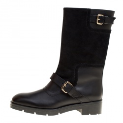 Pre Owned Tod's Black Leather and Suede Fibbie Mid Calf Biker Boots Size 37