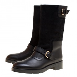 Pre Owned Tod's Black Leather and Suede Fibbie Mid Calf Biker Boots Size 37