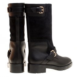 Pre Owned Tod's Black Leather and Suede Fibbie Mid Calf Biker Boots Size 37
