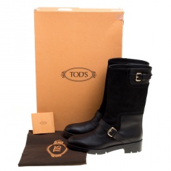 Pre Owned Tod's Black Leather and Suede Fibbie Mid Calf Biker Boots Size 37