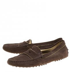 Pre Owned Tod's Brown Suede Gold Trim Penny Loafers Size 38