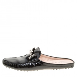 Pre Owned Tod's Black Patent Leather Double T Flat Loafer Mules Size 38.5