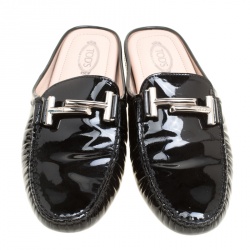 Pre Owned Tod's Black Patent Leather Double T Flat Loafer Mules Size 38.5