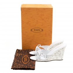 Pre Owned Tod's White Printed Leather Peep Toe Bow Detail Wedge Slides Size 36.5