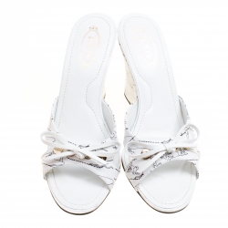 Pre Owned Tod's White Printed Leather Peep Toe Bow Detail Wedge Slides Size 36.5