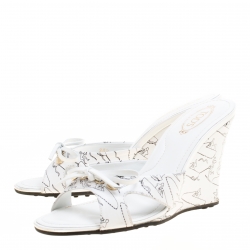 Pre Owned Tod's White Printed Leather Peep Toe Bow Detail Wedge Slides Size 36.5