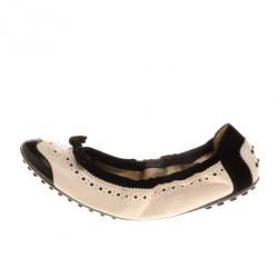 Pre Owned Tod's Black & Beige Brogue Tassel Ballet Flats Size 40
